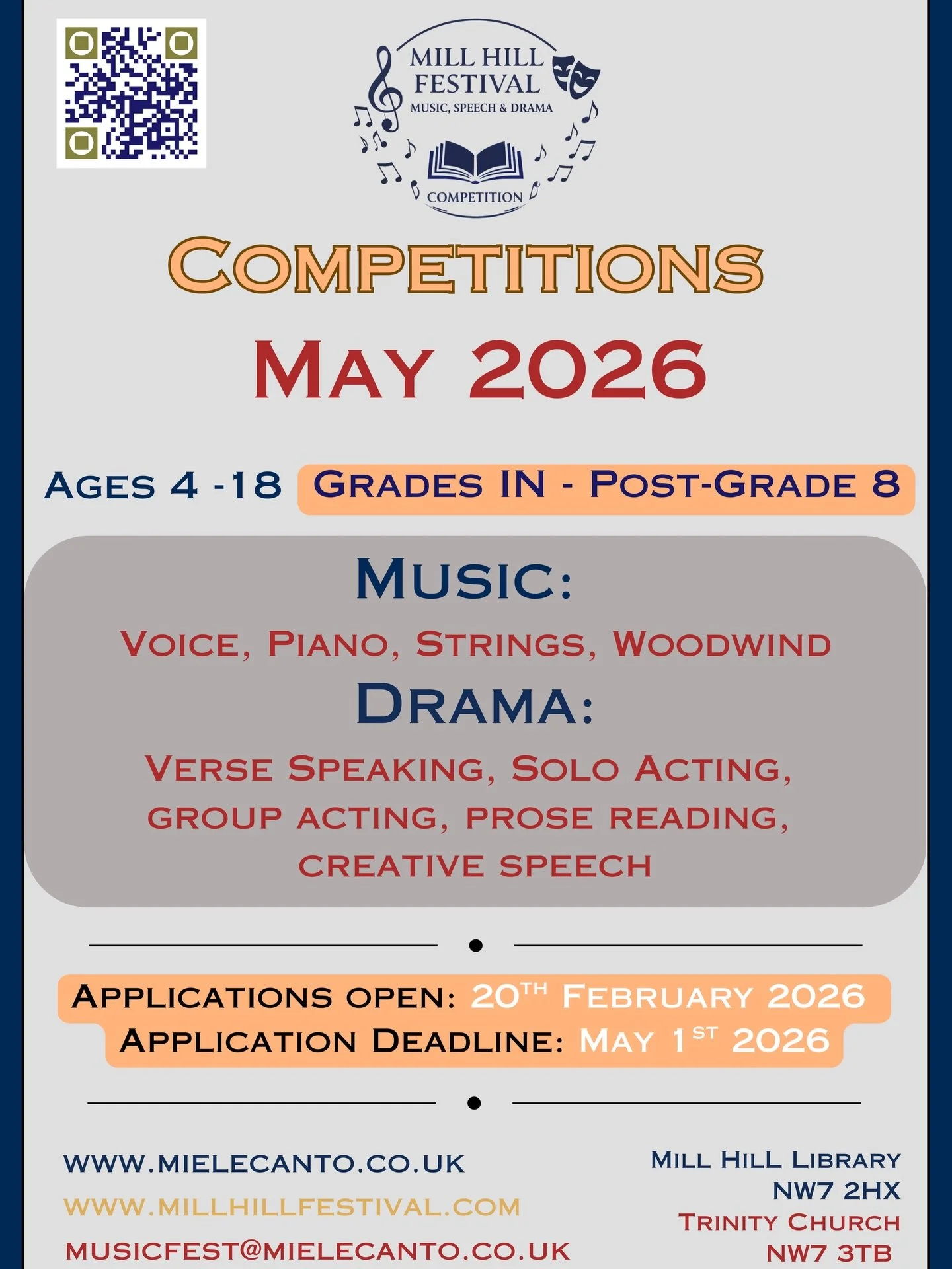 We are thrilled to announce the dates for the 4th Mill Hill Festival of Music, Speech &amp; Drama. 

The categories are: Voice, Piano, Strings &amp; Woodwind. 

Applications open on February 20th and close on May 1st 2026.

For more information pleas
