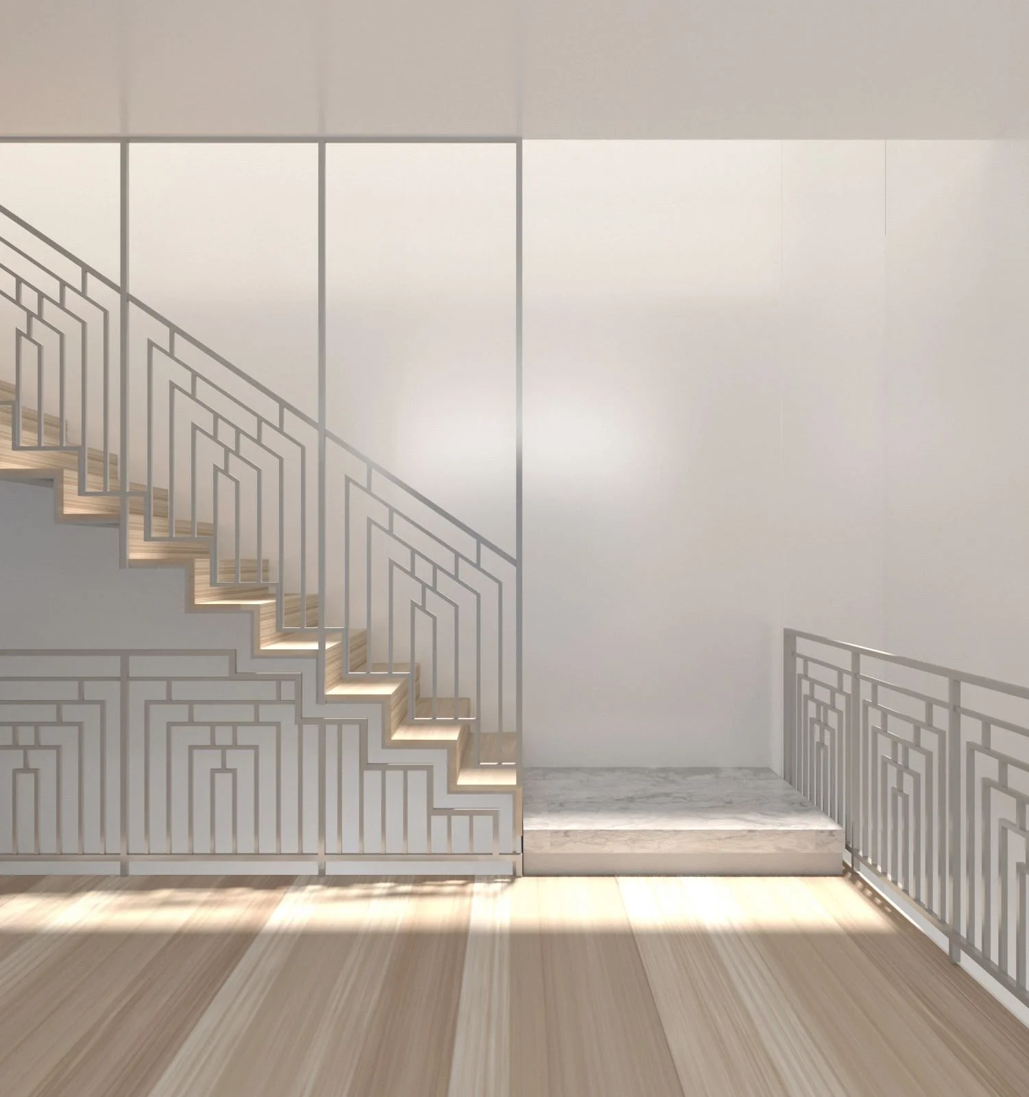 Interior image of a staircase with modern geometric metal railings, wood steps, and a marble landing at the bottom, in a well-lit room with light-colored wood flooring and plain white walls.