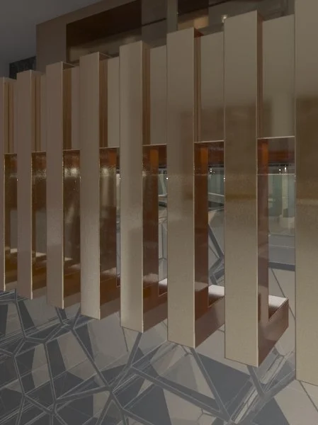 Row of vertical beige and mirrored panels on a modern geometric-patterned floor in an indoor space.