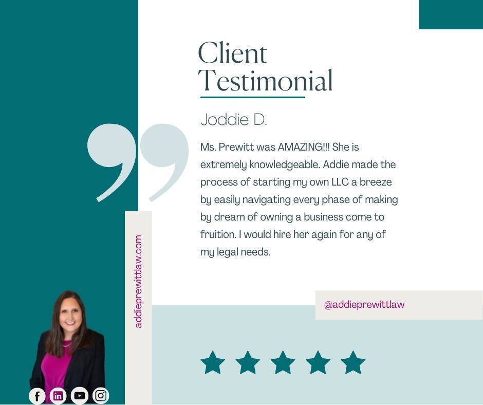 Another happy client!

I pride myself on taking care of my clients as if they were family.  It's why I moved back to Louisiana after working in New York City and Atlanta.  Guiding my clients through the process of Estate Planning or Starting their bu