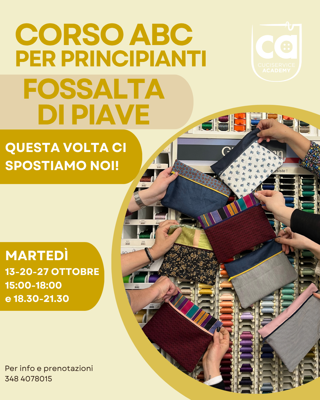 CUCITO PER PRINCIPIANTI      FOSSALTA DI PIAVE- ottobre 2026