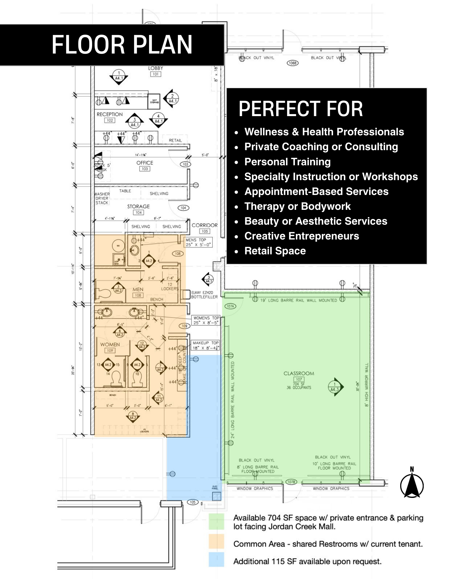 Floor plan of a commercial space featuring rooms for wellness, health, personal training, therapy, beauty, retail, and offices, with a classroom area and common restrooms, and a parking area facing Jordan Creek Mall.