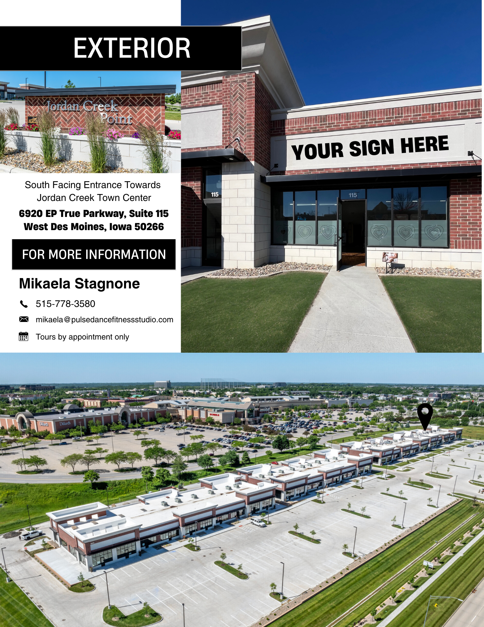 A real estate sign for a commercial property, with an aerial view of a shopping plaza and restaurant buildings in the background.
