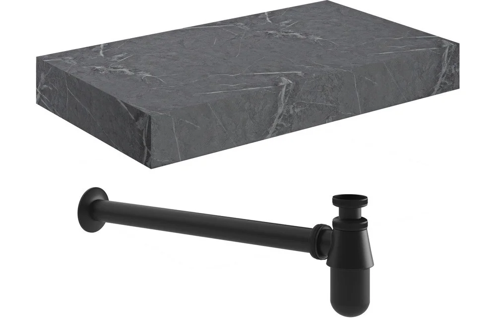 Nimbus 800mm Wall Hung Grey Marble Basin Shelf & Black Bottle Trap 