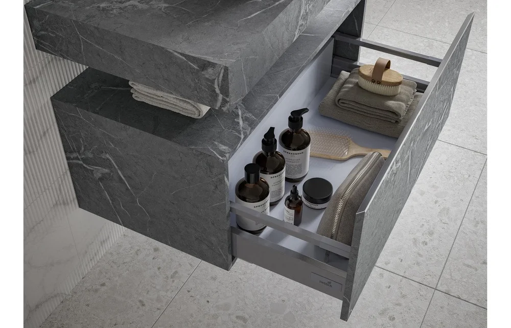 Nimbus 800mm Wall Hung Grey Marble Basin Shelf & Black Bottle Trap 