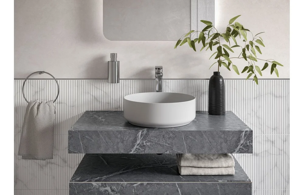 Nimbus 600mm Wall Hung Grey Marble Basin Shelf & Chrome Bottle 
