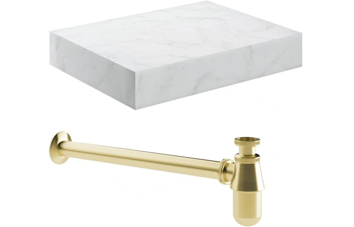Nimbus 600mm Wall Hung White Marble Basin Shelf & Brushed Brass Bottle Trap