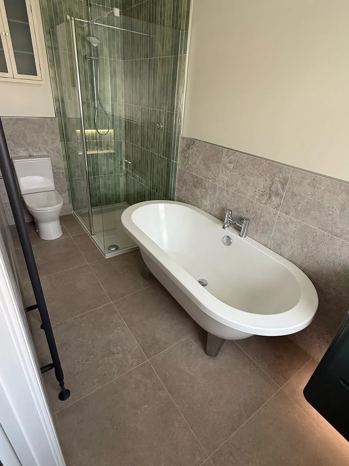 Some before and after photos of our most recent bathroom transformation. Many thanks to @jr.tilingandbathrooms @john815910 and @danielbudgen for working on this one. All tiles are from @emctiles . Floor tiles are called Saint Remy Beige, the wall til
