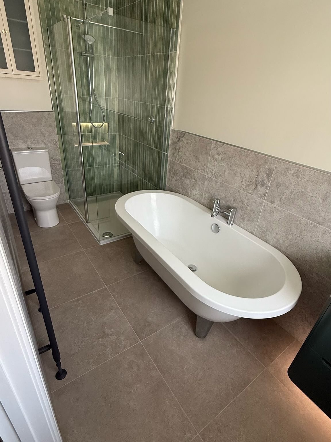 Some before and after photos of our most recent bathroom transformation. Many thanks to @jr.tilingandbathrooms @john815910 and @danielbudgen for working on this one. All tiles are from @emctiles . Floor tiles are called Saint Remy Beige, the wall til