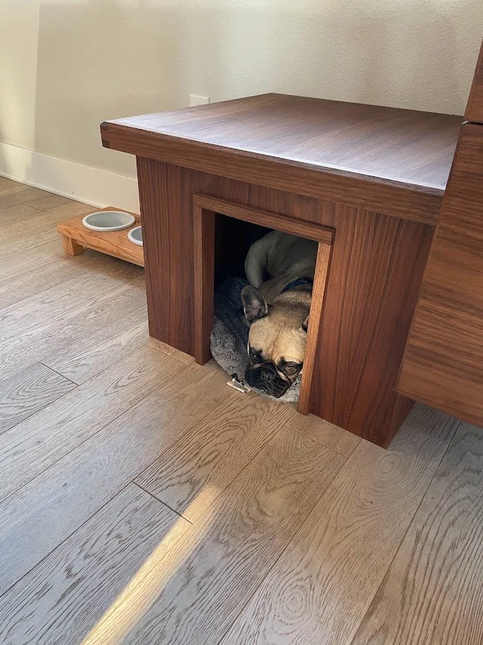 Walnut dog house and bench.