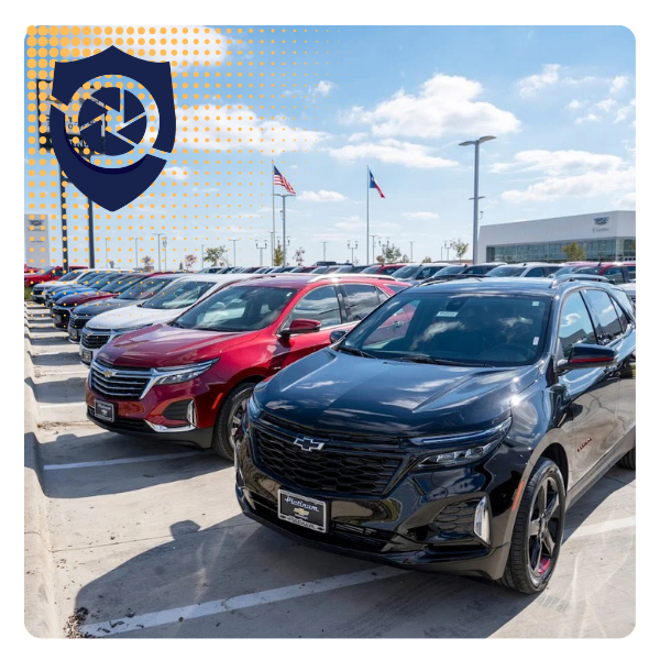 Cars in an automotive dealership lot protected by Meridian Camera Mobile Security Trailers