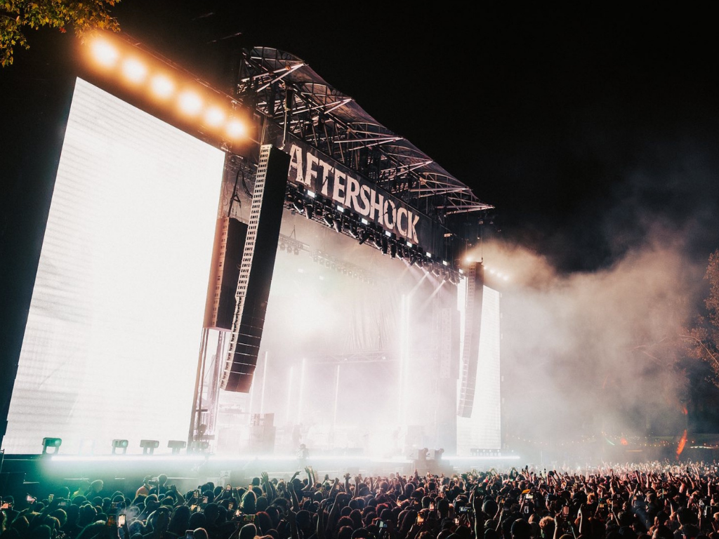 Concert stage with large screen displays, lights, and the word "AFTERSHOCK" on a sign at night, filled with a crowd of people watching the performance.