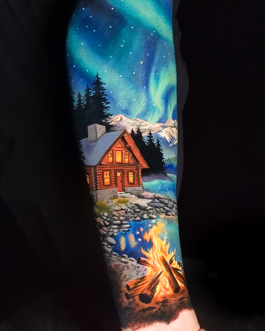 Northern Lights tattoo, cozy, cabin, fire, lake