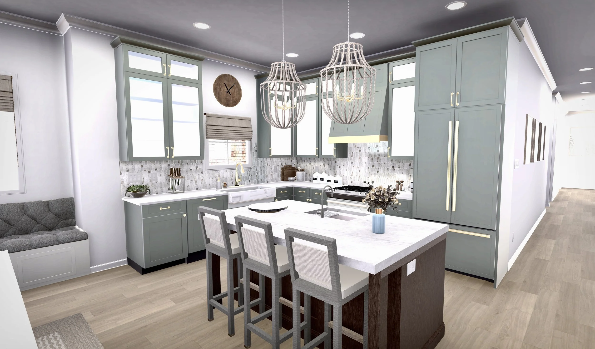 Interior 3D architectural rendering of a New Jersey beach home's coastal modern kitchen with a center island, 3 chairs, pale green cabinets, tile backsplash, and natural pendant lights.