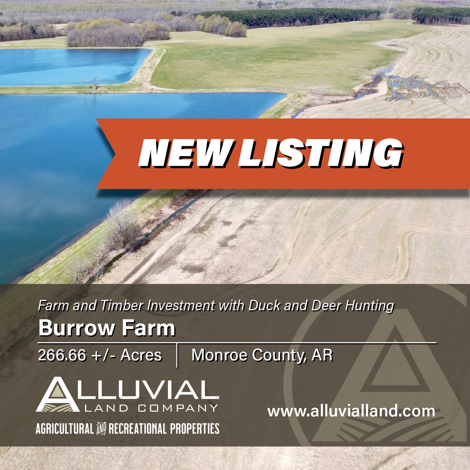 NEW LISTING - The Burrow Farm is located in Monroe County, Arkansas, just southwest of Brinkley. The land comprises 266.66+/- acres (surveyed) and offers an agricultural and timberland investment with duck and deer hunting.

The property provides 167