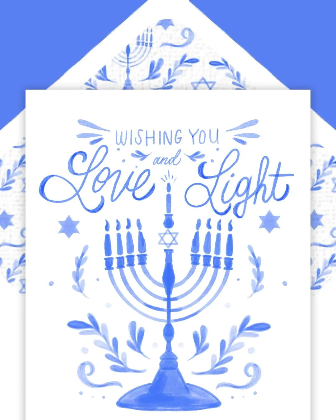 I created this watercolor Hanukkah design, along with an envelope liner pattern for a greeting card and thought it fit nicely into the &ldquo;Cobalt + Candles&rdquo; prompt for the #frostyandfestive2025 challenge!