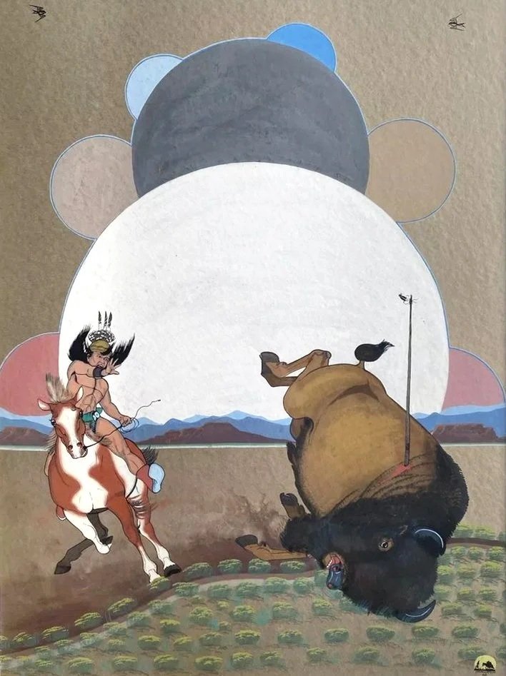 Quincy Tahoma, painting of rider shooting buffalo