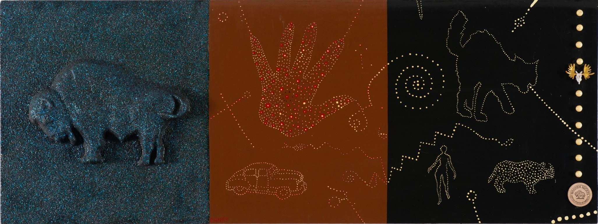 Mixed media painting by Native American artist Richard Glazer Danay titled 'Glitter Bison', Trotta-Bono Contemporary, Los Angeles CA