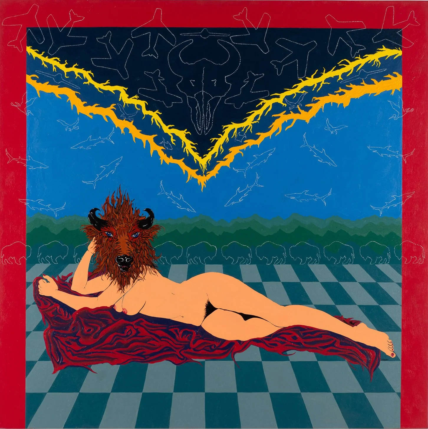 Painting by Contemporary Native American artist Richard Glazer Danay titled 'Buffalo Gal Reclining', Trotta-Bono Contemporary, Los Angeles CA