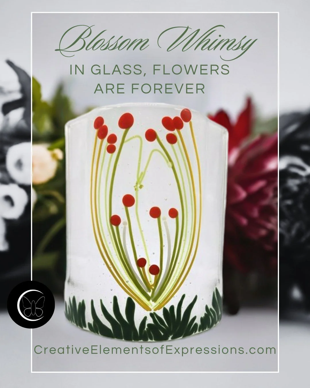 🌸 Blossom Whimsy: A Glow That Never Fades 🌸

"In glass, flowers are forever." Our Blossom Whimsy candle sconce captures the delicate beauty of nature with a floral design that glows warmly in the candlelight. Set against a vibrant backdro