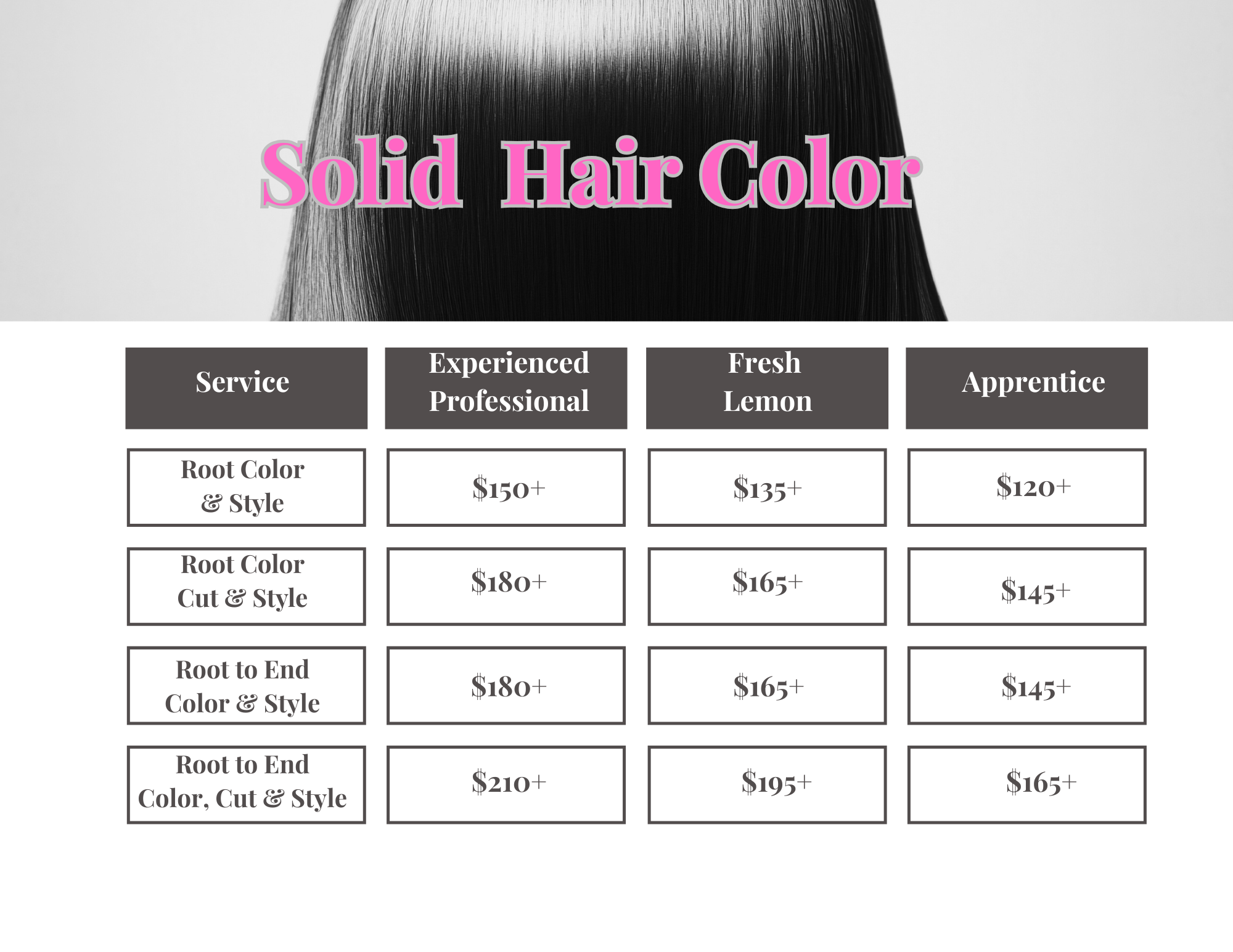 Solid Hair Color Price List
