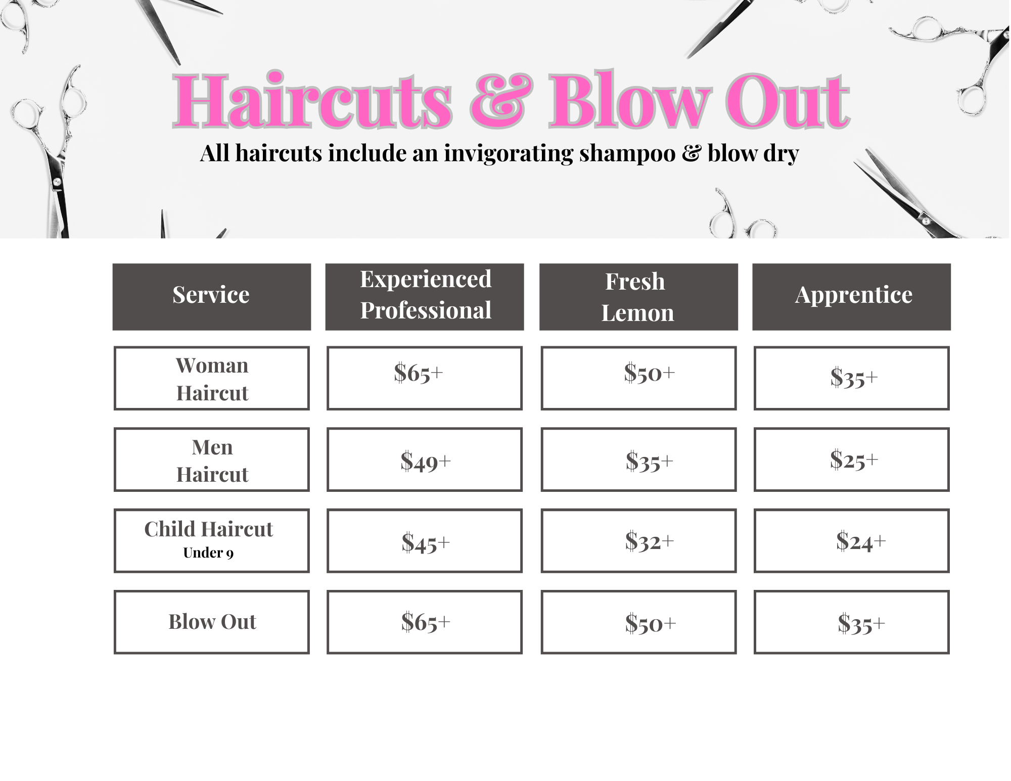 Hair Cut & Blow Out Price list