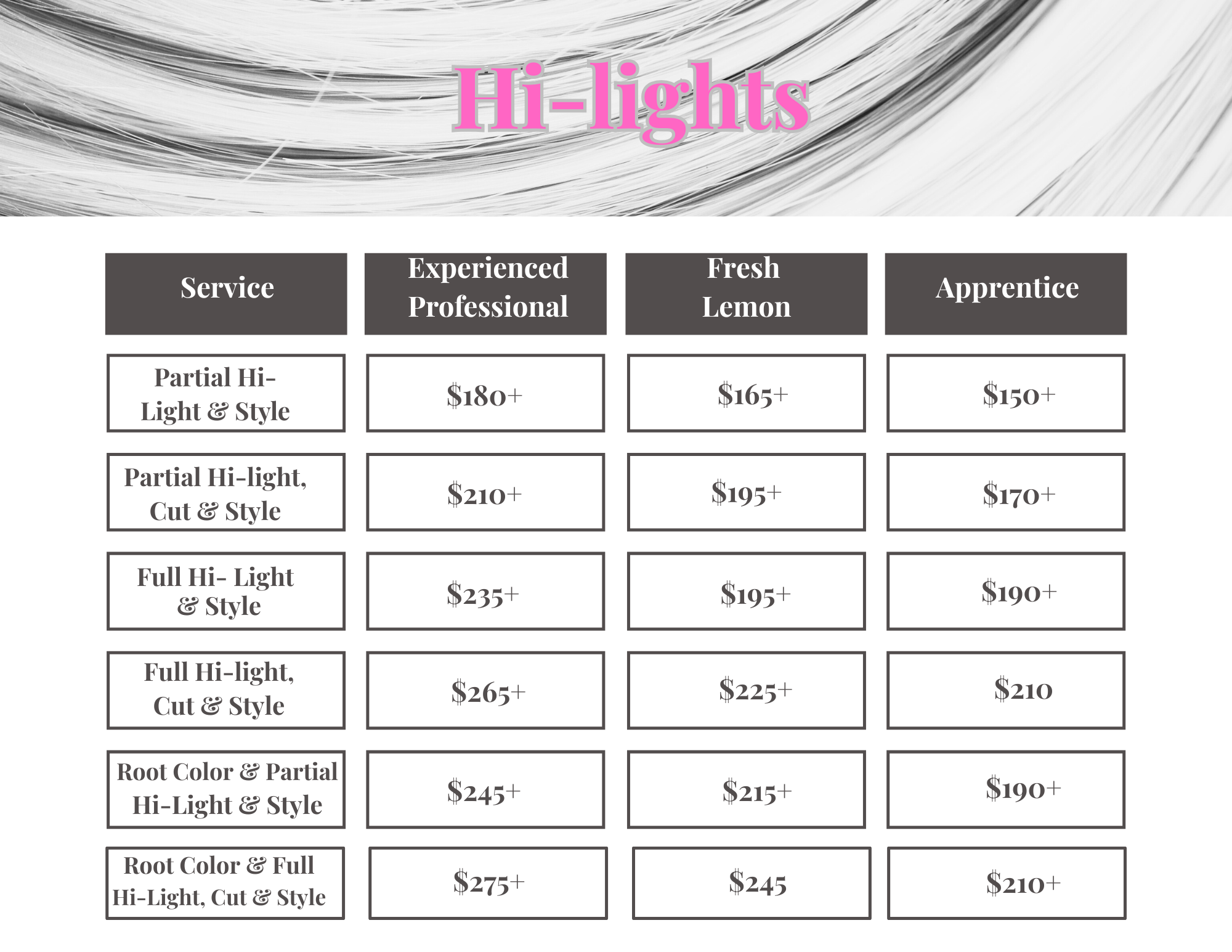 Hi-Light Pricing List