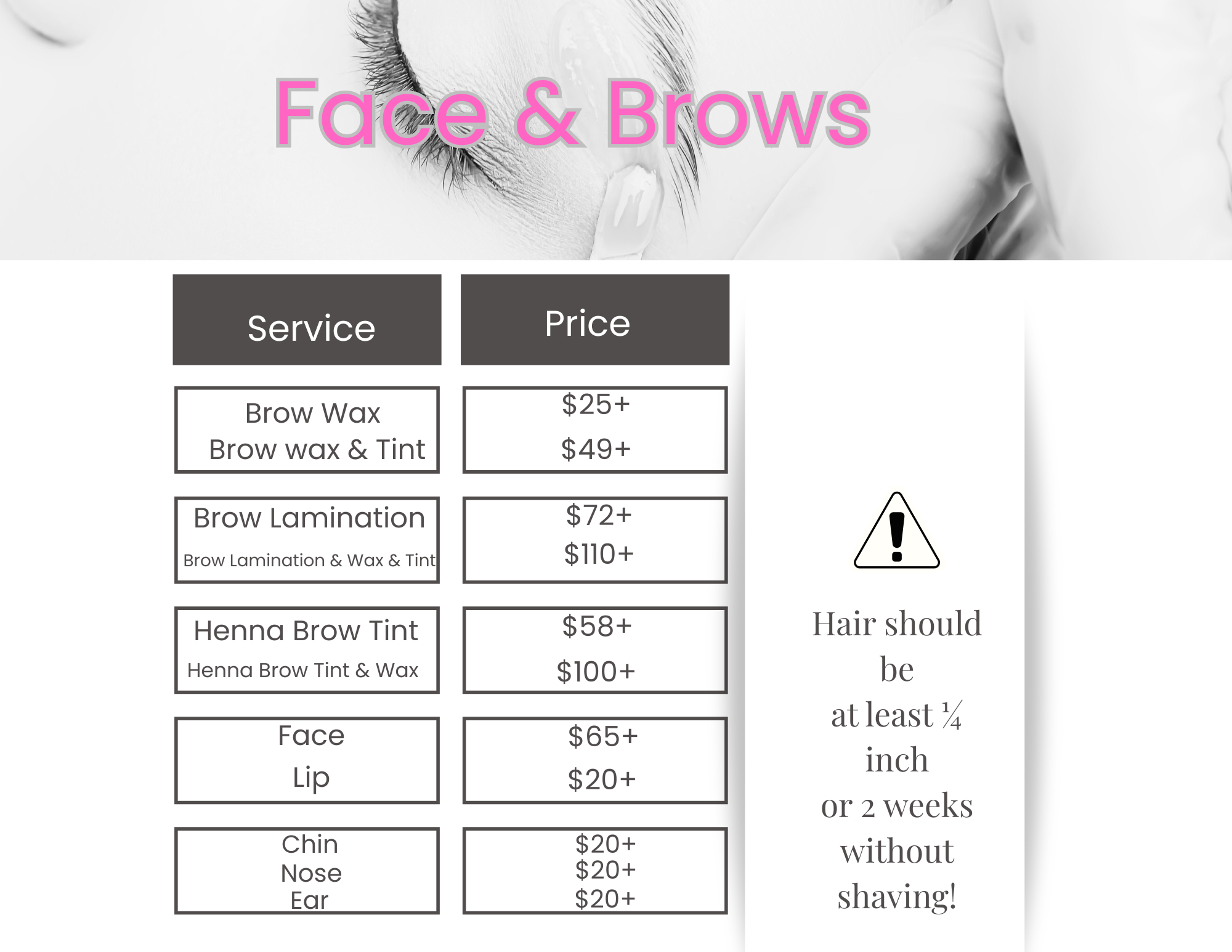 Face And Brow Waxing Price List