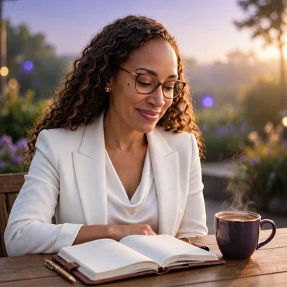 Tamira Wilson with sunrise coffee beside an open planner
