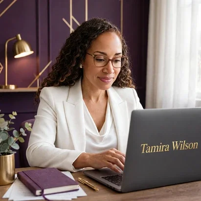 Tamira Wilson at her calm branded workspace, solid laptop back with her name in gold letters