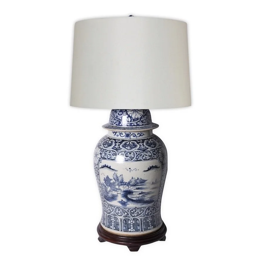 BLUE AND WHITE LANDSCAPE SCENE GINGER JAR LAMP