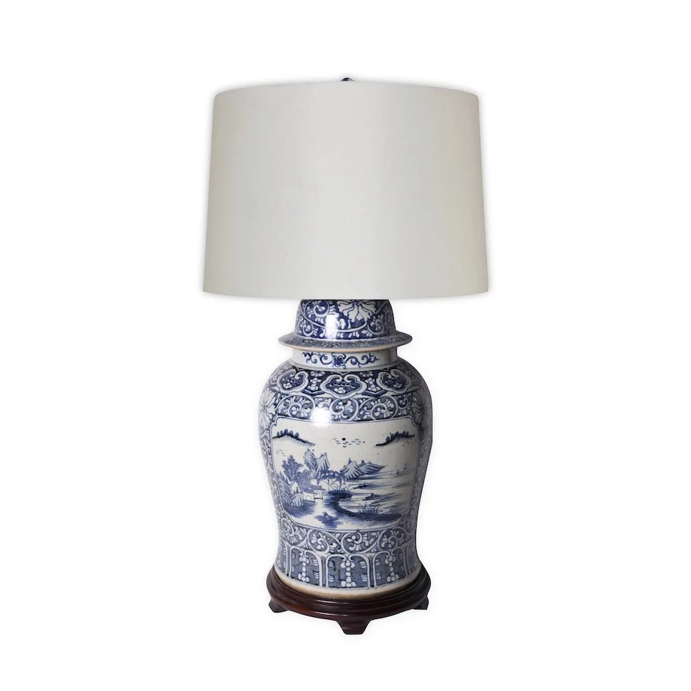 BLUE AND WHITE LANDSCAPE SCENE GINGER JAR LAMP
