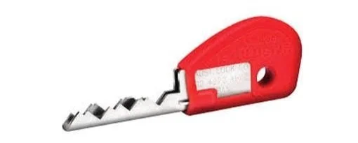 A bi-lock key key switch with a red handle and metal blades
