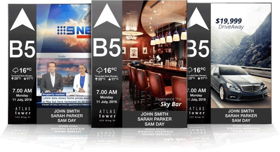 Three digital news screens displaying weather, news, and advertisement for a sky bar, a car, and news anchors, dated July 11, 2016, at 7:00 AM.