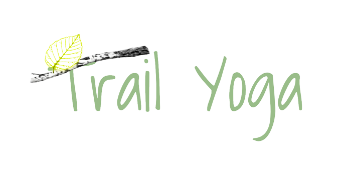 Trail Yoga logo with a green leaf and black and white trail marker