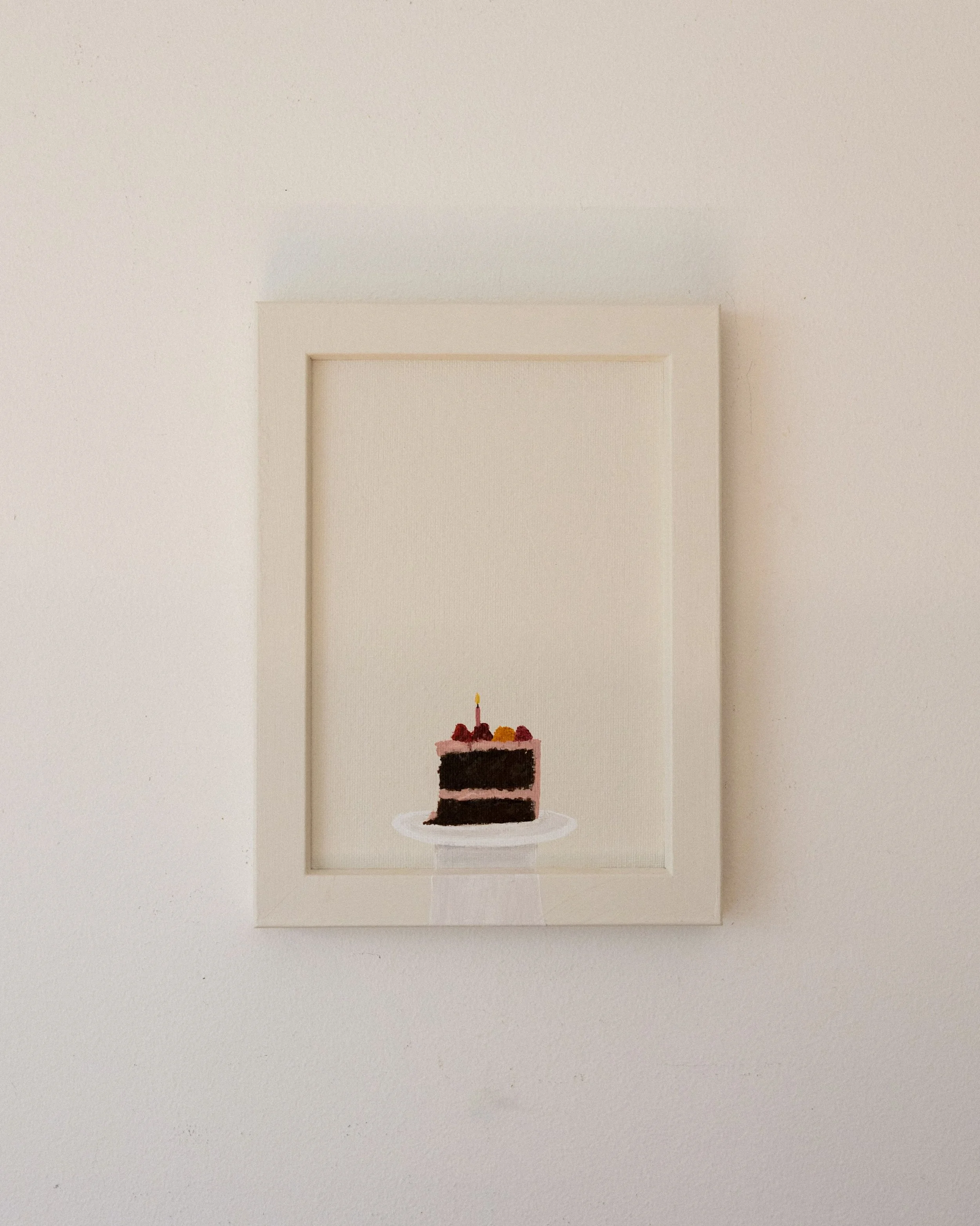 &ldquo;Mocha Cake and Raspberry Buttercream&rdquo; 〰️ 6&rdquo; x 8&rdquo;, acrylic on painted framed canvas panel. Background color @farrowandball Slipper Satin. 

One of the eight pieces from our Always Room For Dessert collab collection with @thede