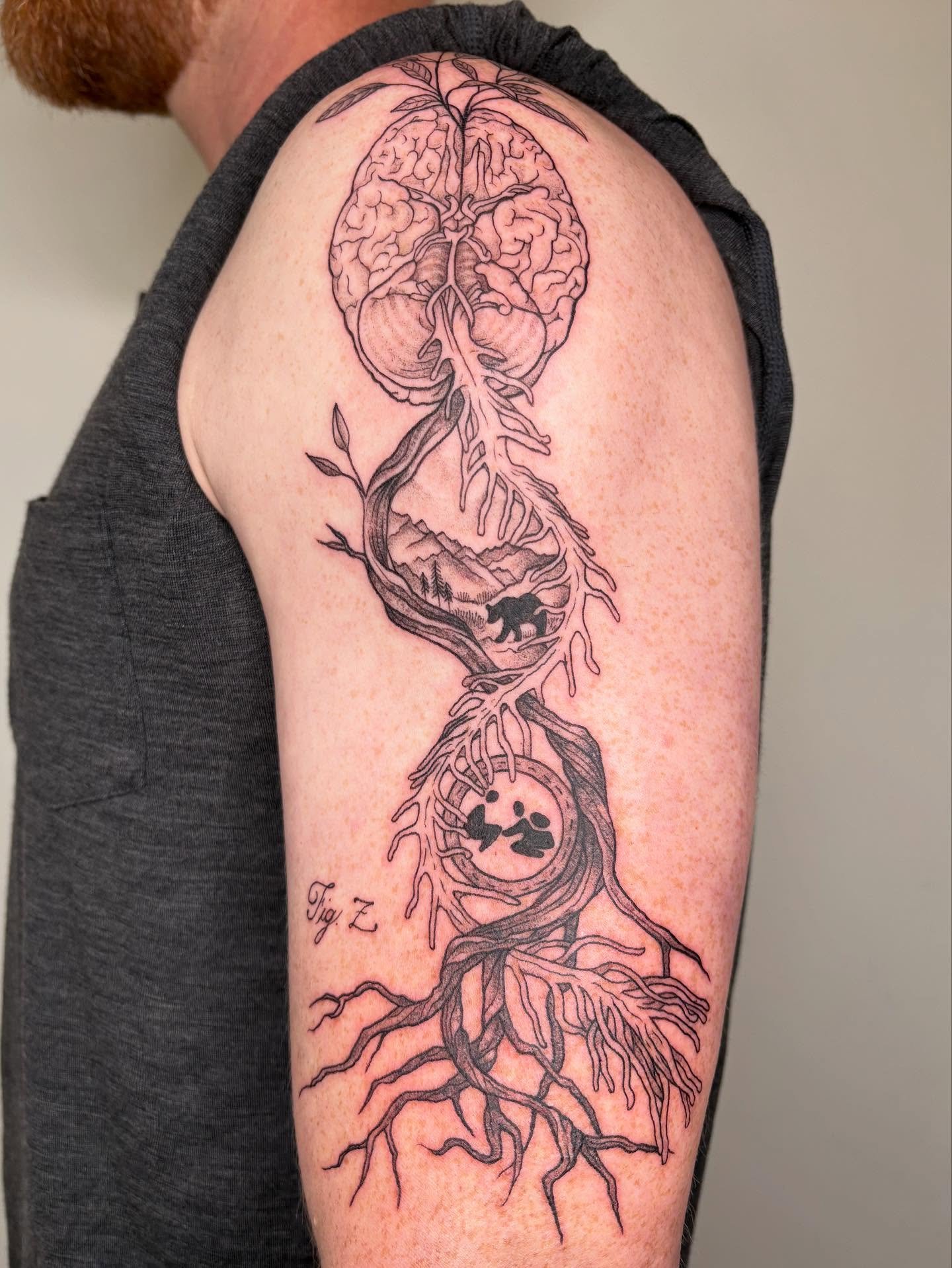 Always an honor to tattoo a fellow street medicine PA! 

Robbie reached out for a custom tattoo with so many ideas and we collaborated together to make this design! He wanted a medical lithograph with a nature element. He requested white sage to repr