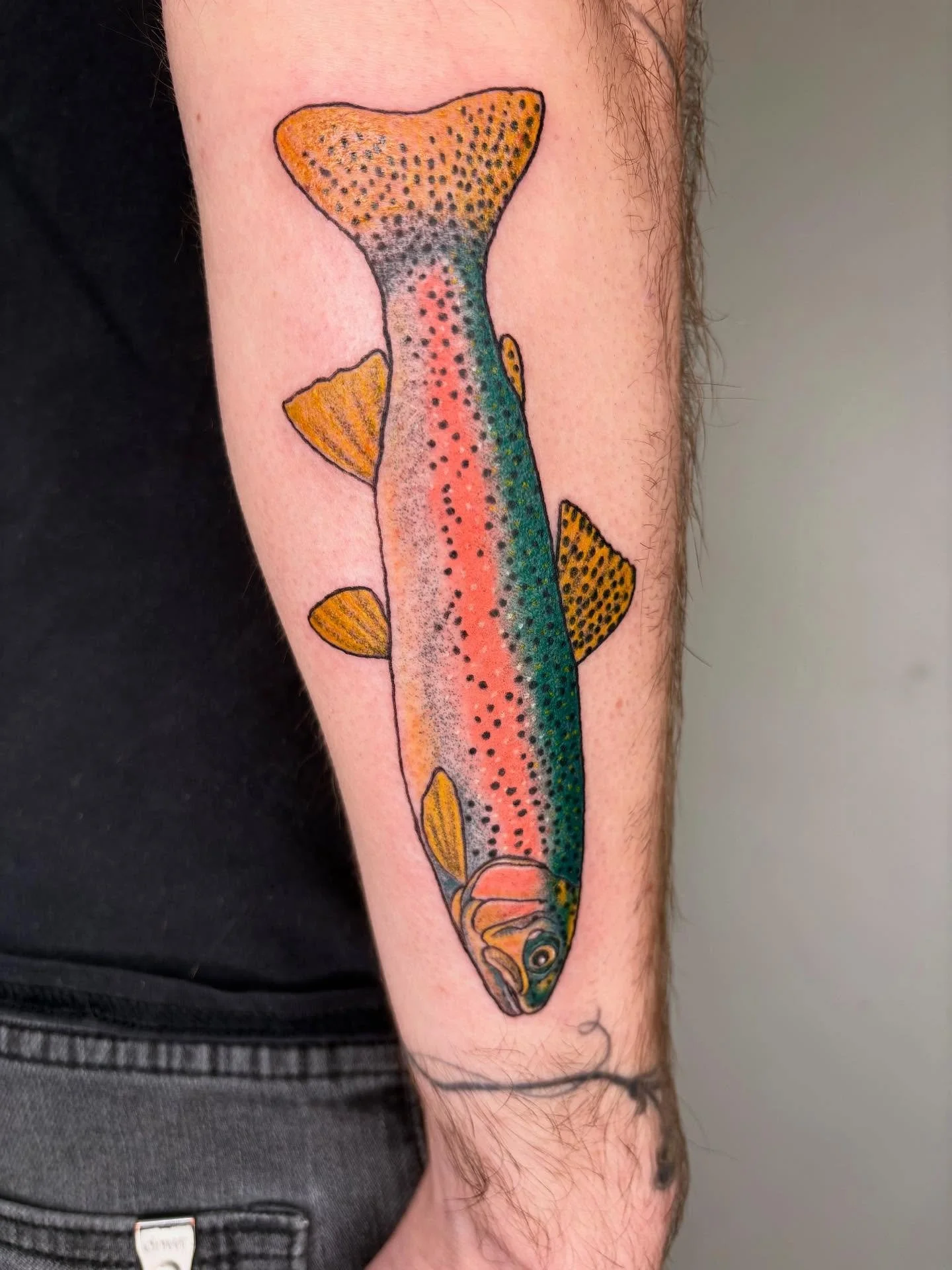 Full color rainbow trout for Dave!!! Thank you so much for this!! Had so much fun! MORE COLOR REQUESTS PLS!!!!!! 

Done at @rodeotattooco 

#rainbowtrout #colortattoo #latattoo