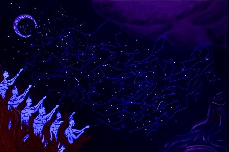 Creation of the Night (paper, glue, thread, acrylic)