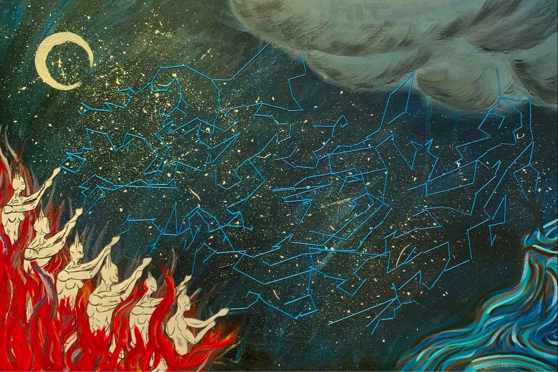 Creation of Day (paper, glue, thread, acrylic)
