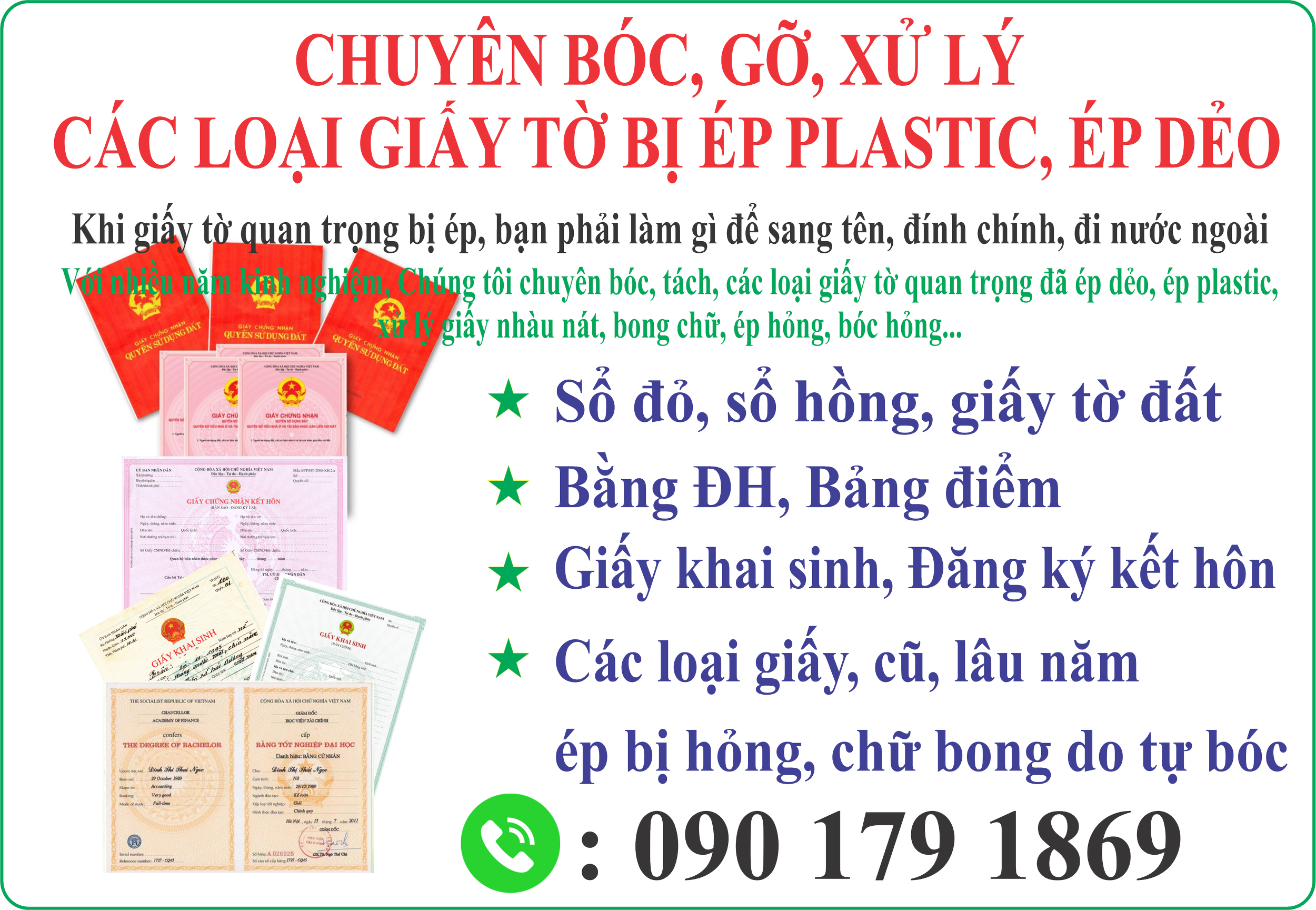 An advertisement for professional paper and document handling services, featuring images of various Vietnamese certificates and legal documents on a black background with red, purple, green, and white text providing details and contact information.