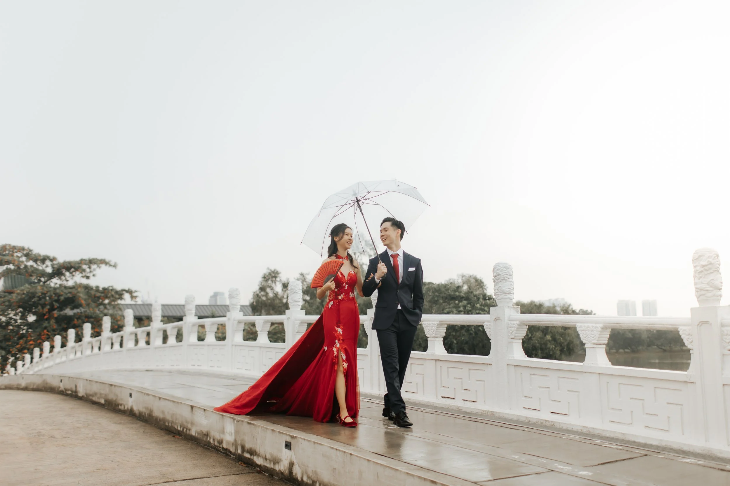 Pre-wedding photoshoot at Chinese Gardens with traditional cheongsam, captured by Breadandbutterworks