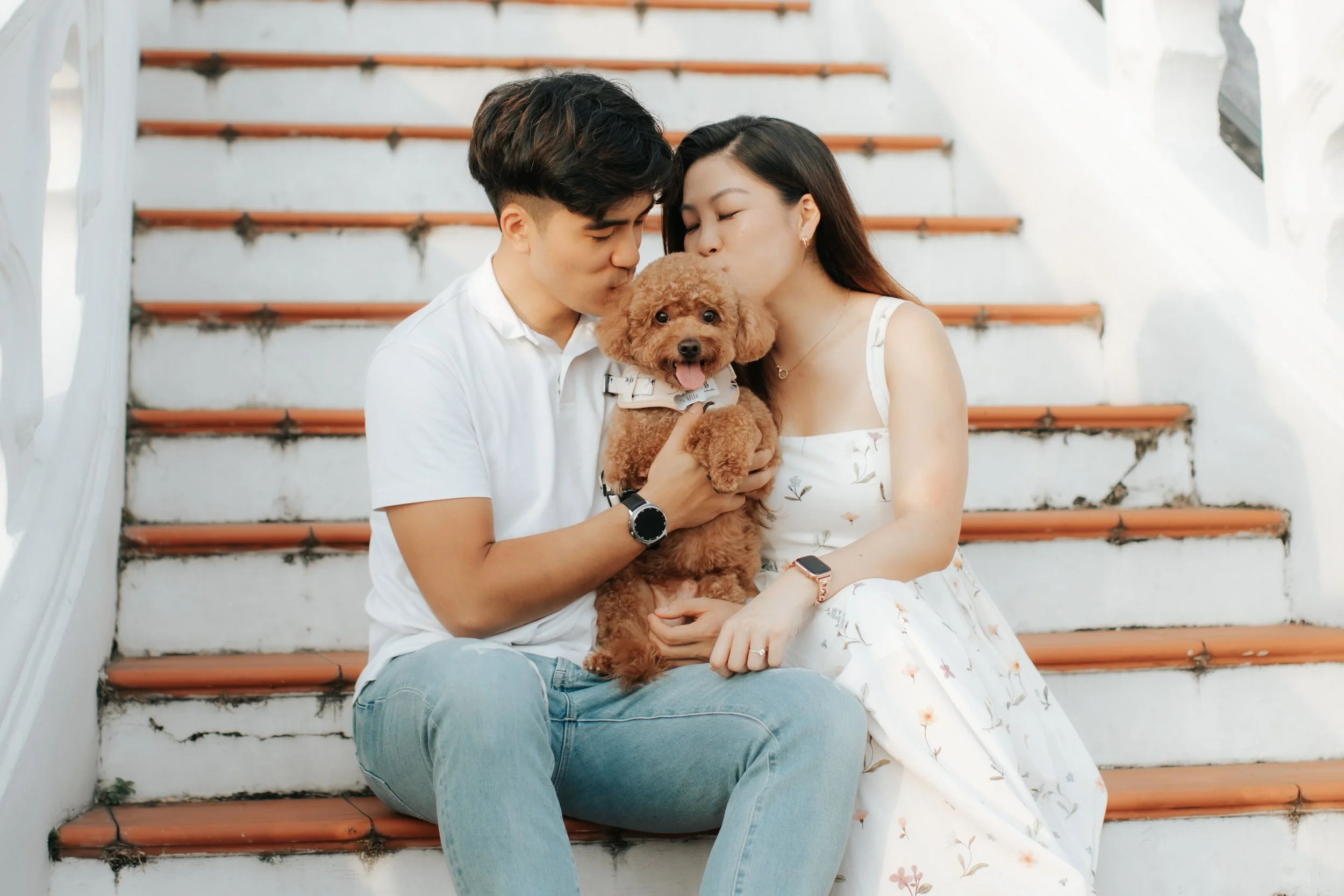 Light and airy pre-wedding photoshoot with pet dog along the stairs at Gallop Extension. Captured by Breadandbutterworks.
