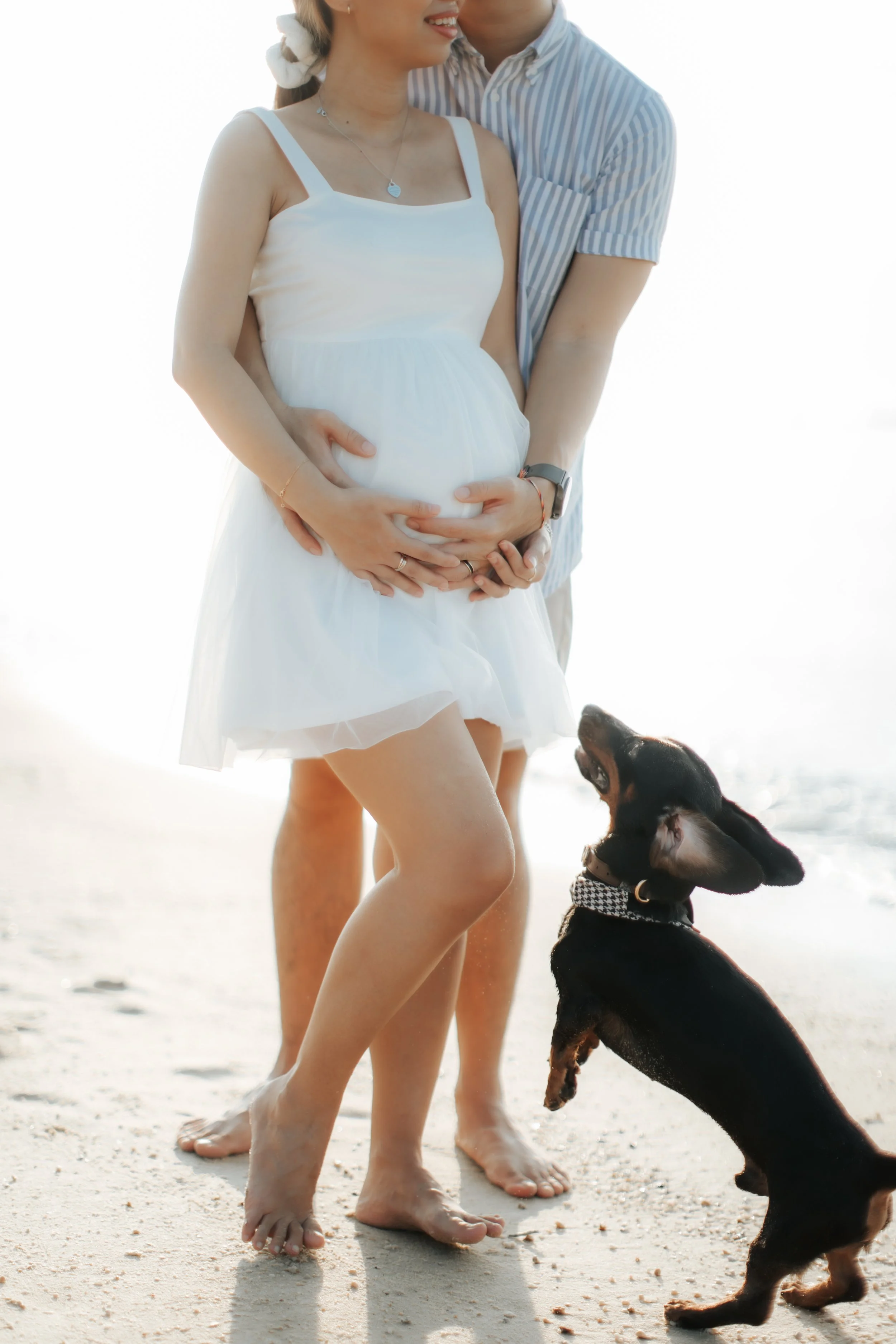 Light and airy maternity beach photoshoot at East Coast Park with a pet dog, captured by Arielle for Breadandbutterworks.