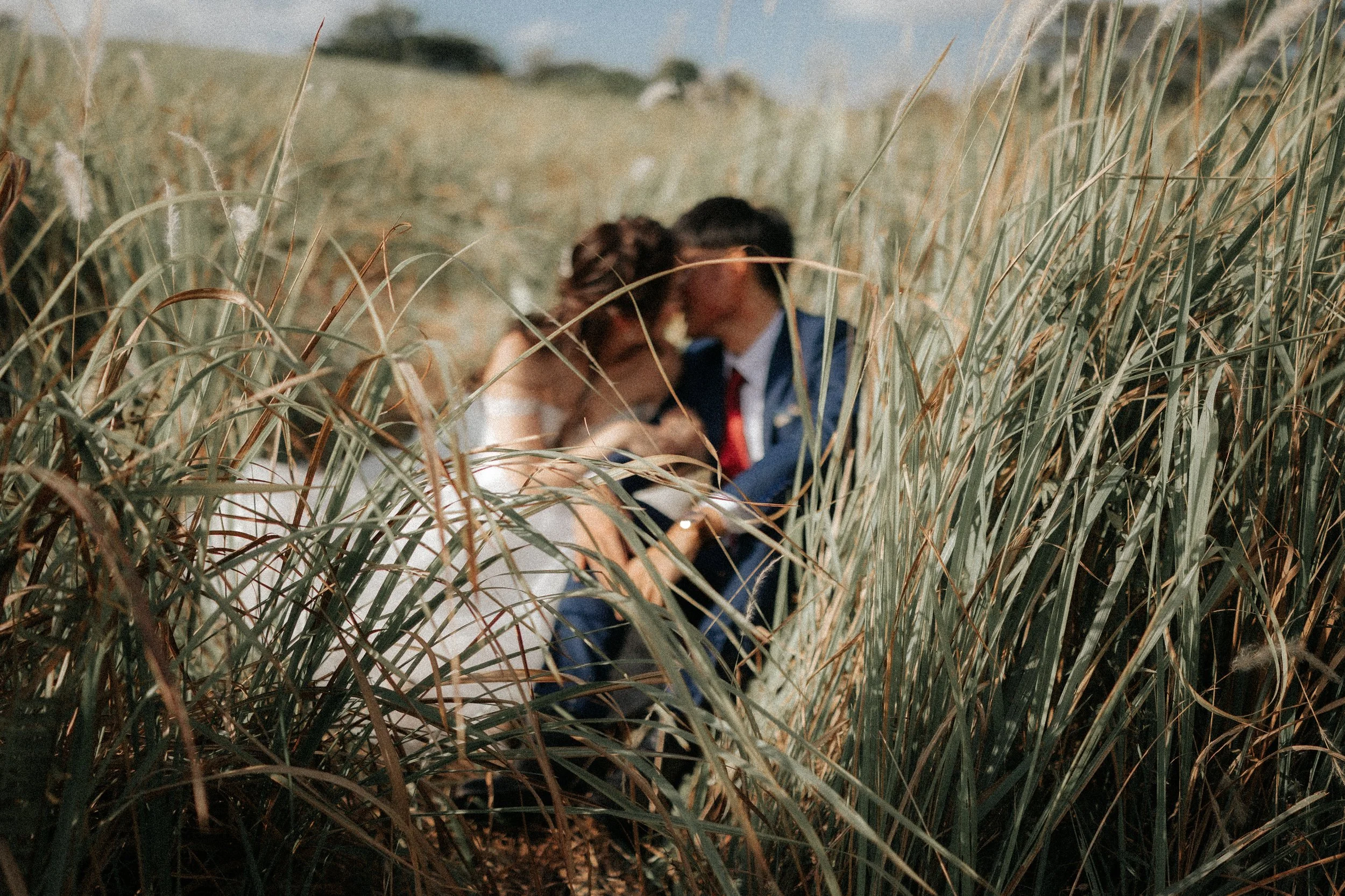 Romantic pre-wedding photo of a couple sharing a kiss in the tall grass of Jurong Lake Gardens, in Singapore.