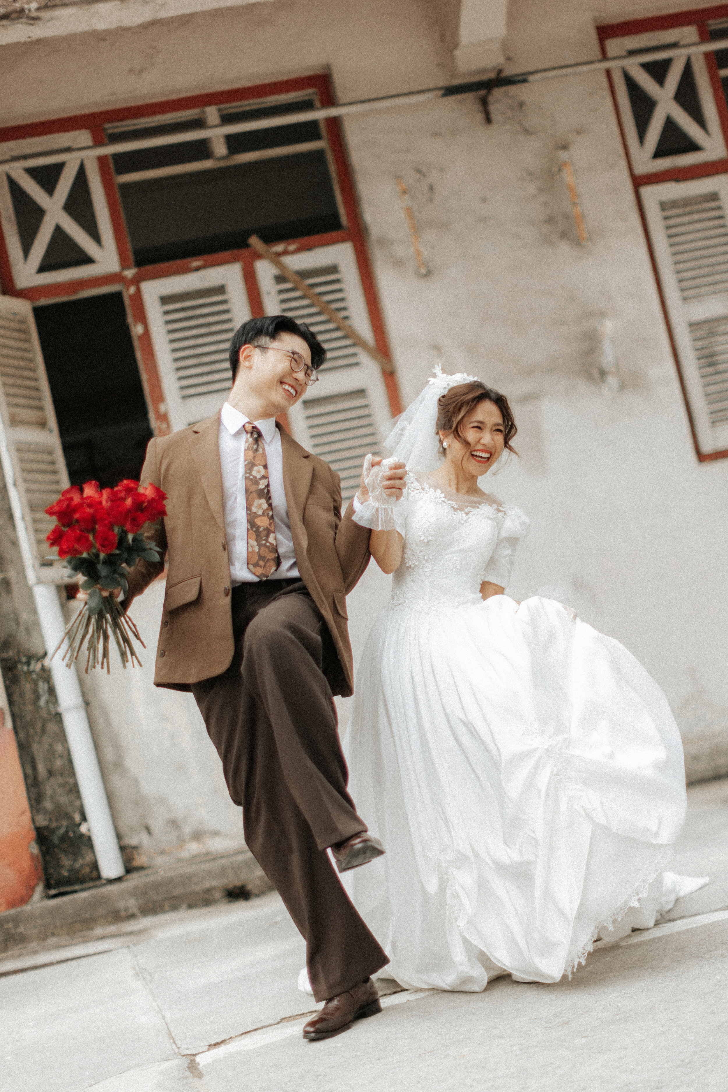 Vintage pre-wedding photoshoot in a Wong Kar Wai style, captured in the Singapore heartlands by Ash for Breadandbutterworks.