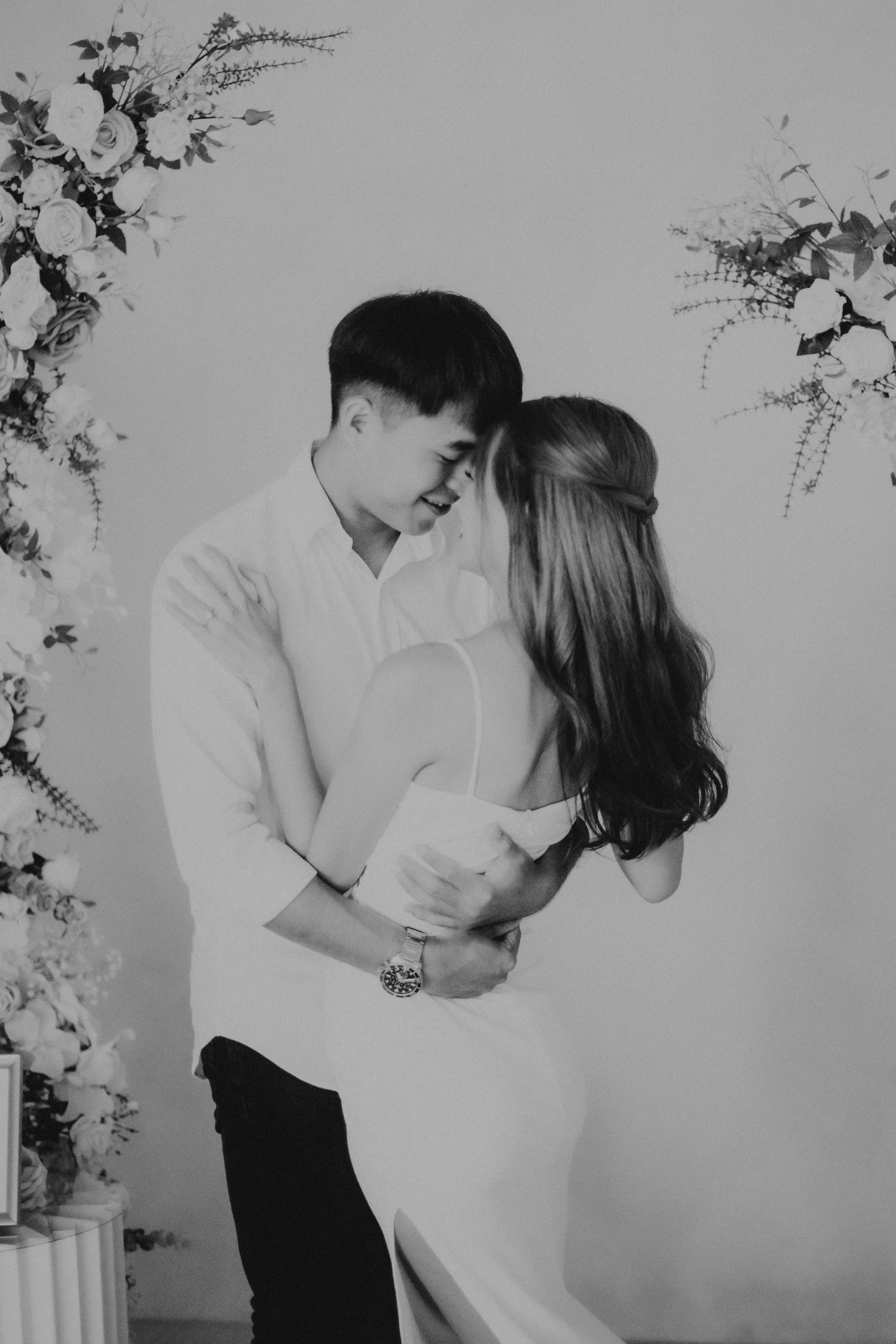 Romantic black and white surprise proposal photoshoot at Headspace Studios, captured by Ash for Breadandbutterworks in a light, airy and heartfelt style.