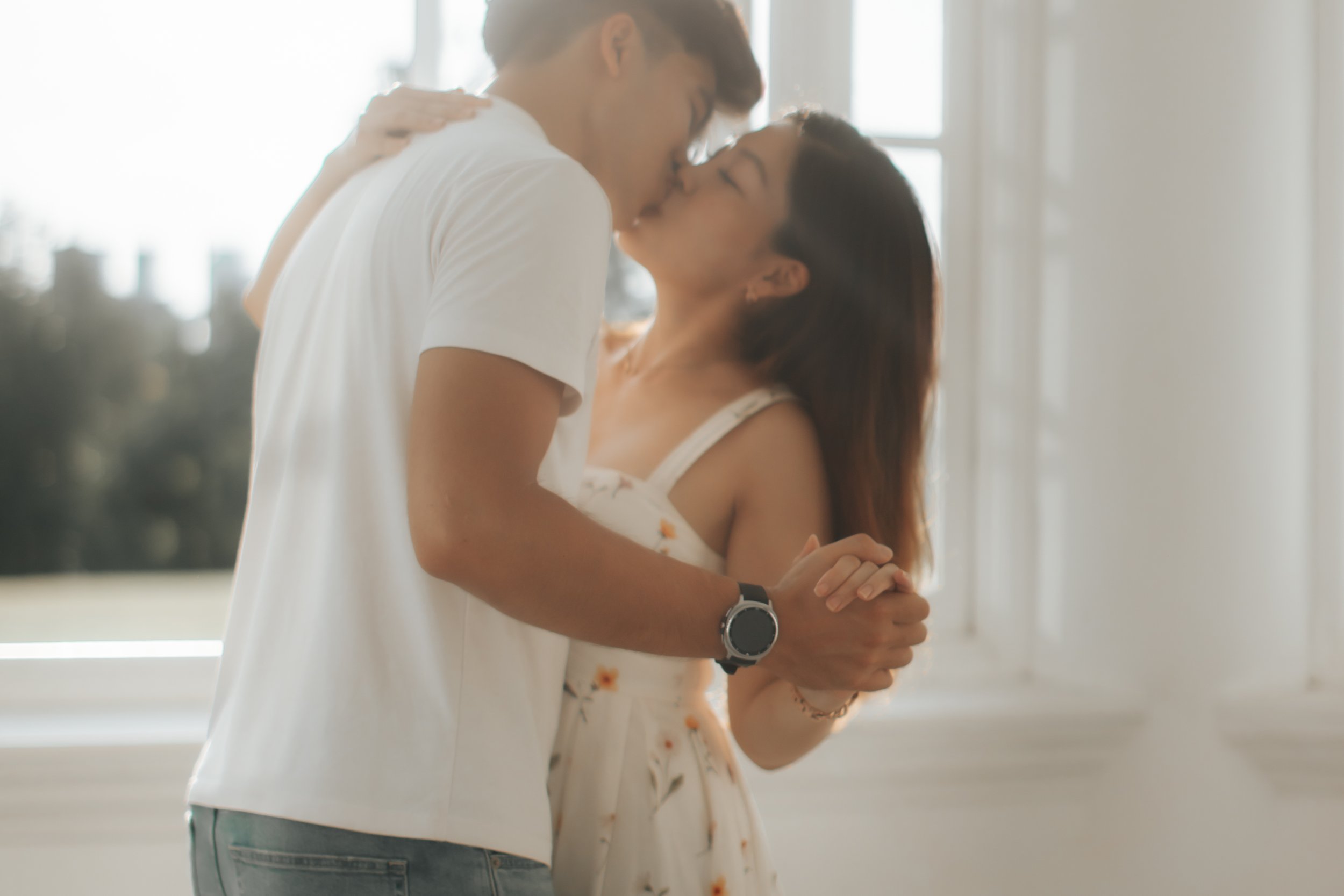 Light and airy pre-wedding photoshoot with pet dog indoors at Gallop Extension. Captured by Breadandbutterworks.