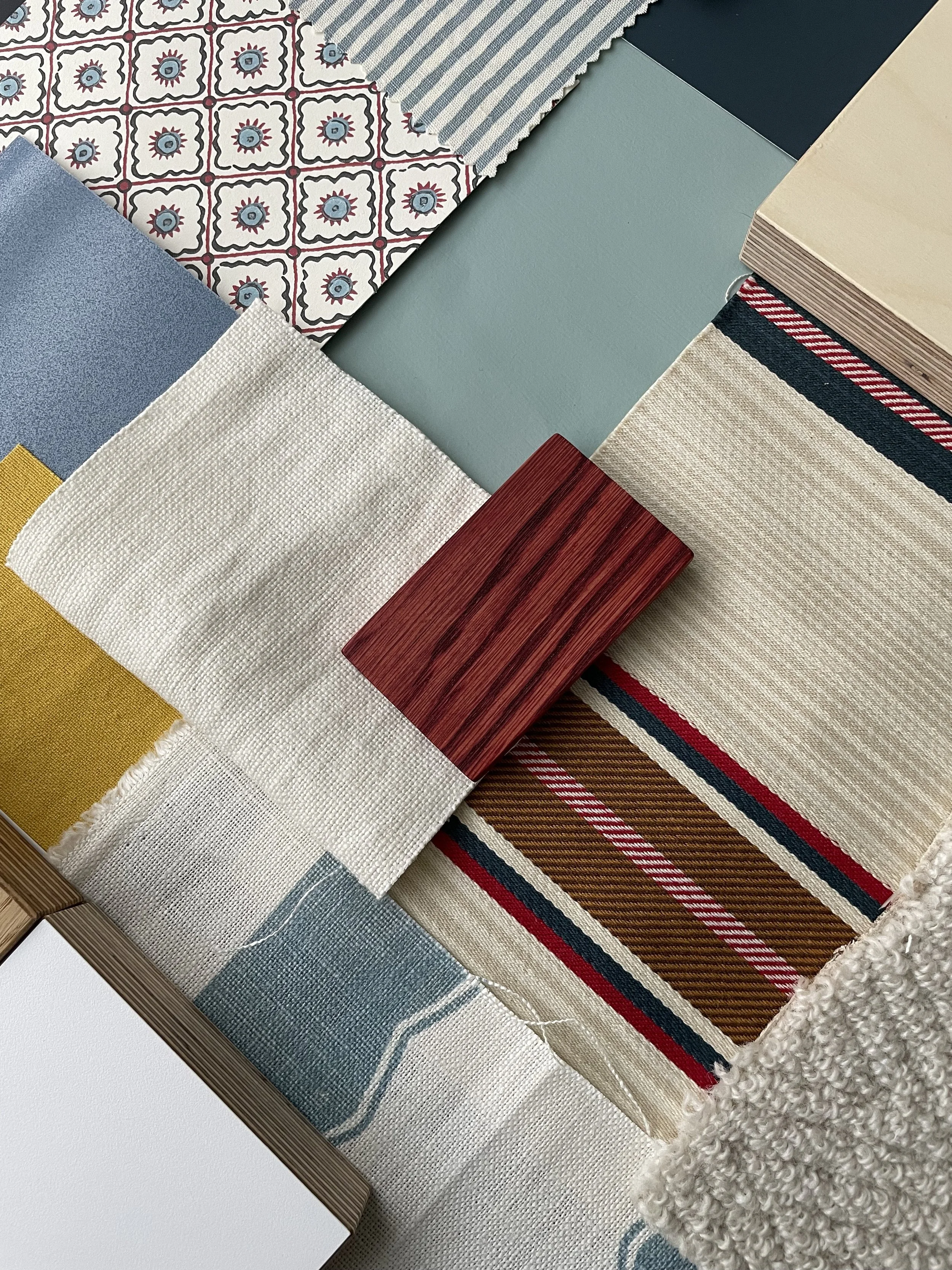 Red, blue, yellow mood board for guest bedroom interior design