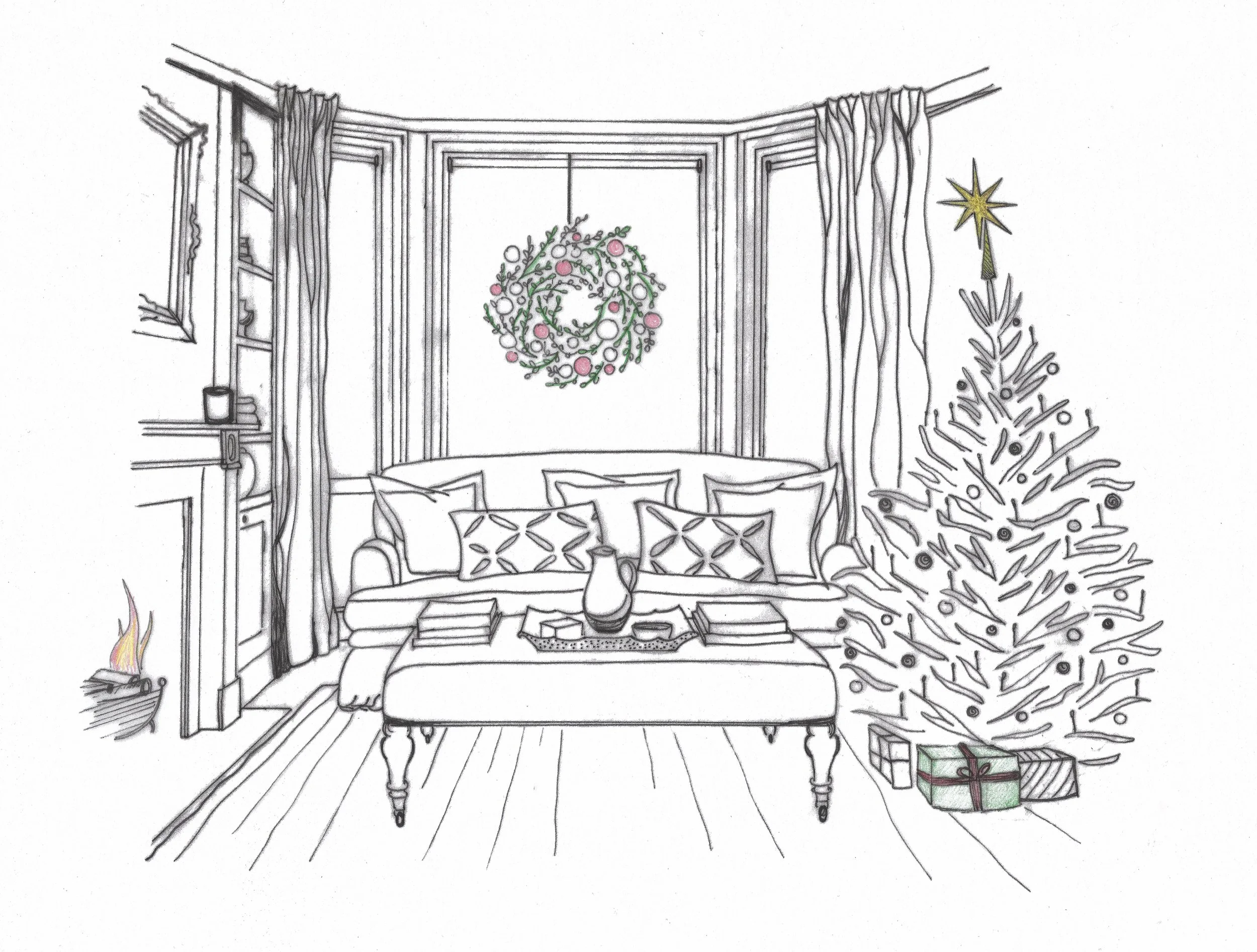 A sketch of a Kensington sitting room with a comfortable sofa, fireplace, and Christmas tree.